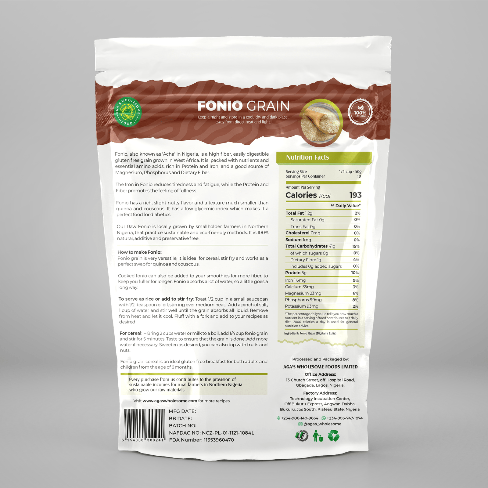 Aga's Fonio Grain 500g Back